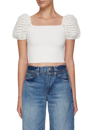Main View - Click To Enlarge - ALICE & OLIVIA - ‘CALEY’ CROCHET PUFF SLEEVE CROPPED TOP