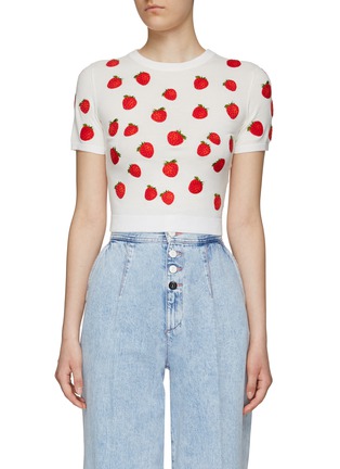 Main View - Click To Enlarge - ALICE + OLIVIA - ‘Ciara’ Strawberry Embroidery Cotton Blend Knit Cropped Top