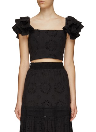 Main View - Click To Enlarge - ALICE & OLIVIA - ‘TAWNY’ SQUARE NECK RUFFLED SLEEVES CROPPED TOP