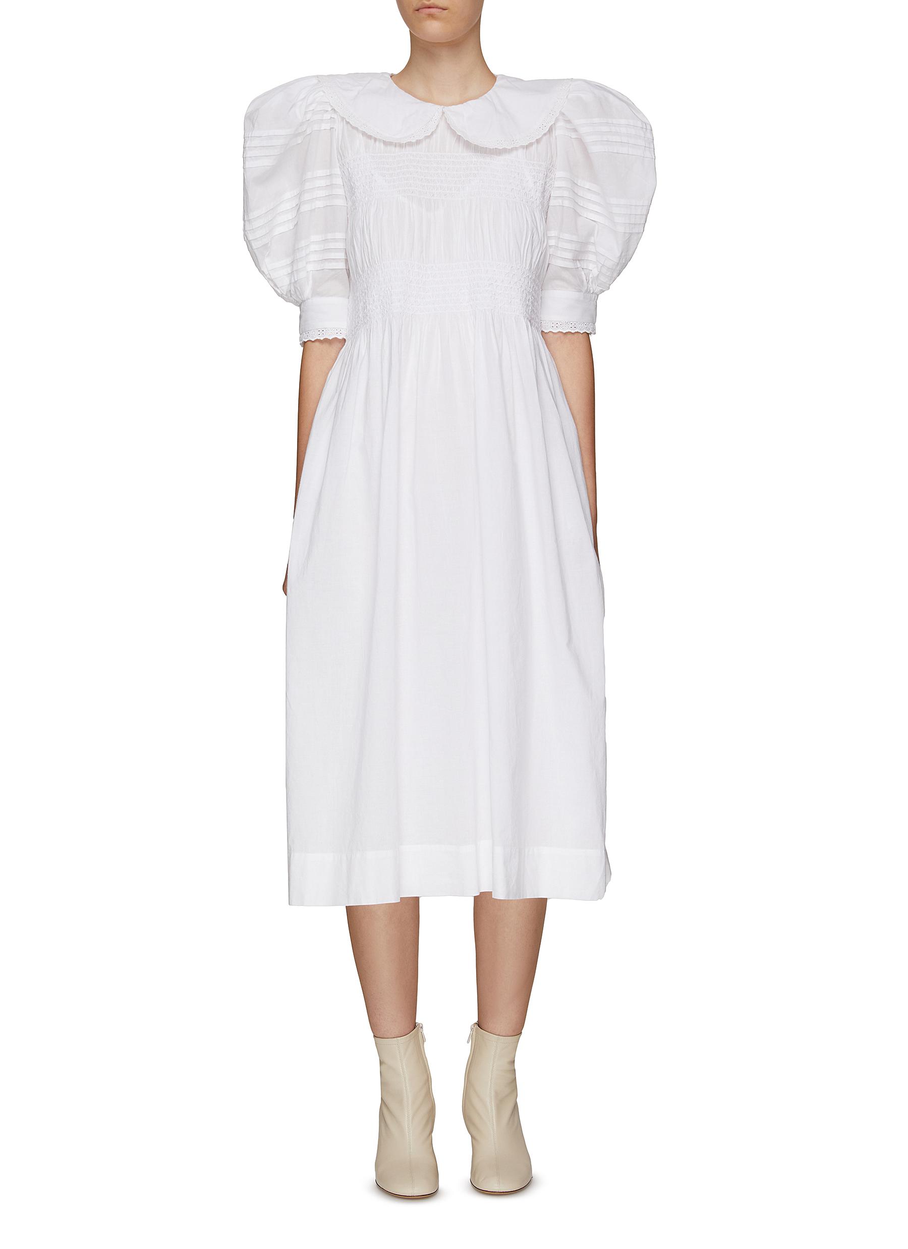 ARIA' PUFF SLEEVE SMOCKED MIDI DRESS 