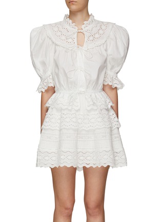 Main View - Click To Enlarge - SEA - ‘GEORGINA’ EYELET DETAIL PUFF SLEEVE FRONT TIE TOP