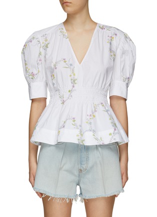 Main View - Click To Enlarge - GANNI - Floral Print Puff Sleeve V-Neck Ruched Top