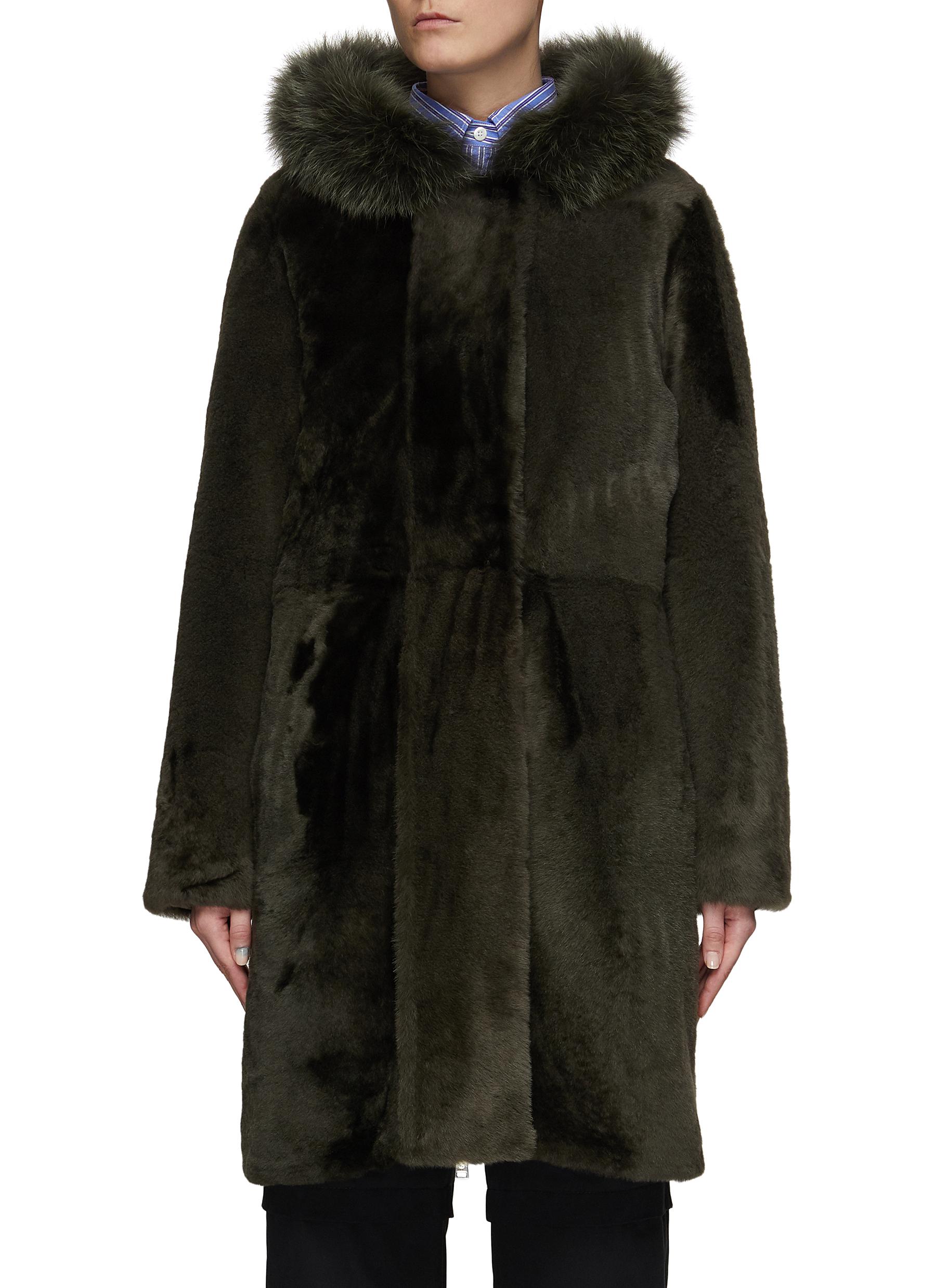 Hooded Fox Fur Trim Lamb Shearling Coat