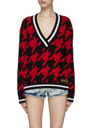 Main View - Click To Enlarge - BALMAIN - HOUNDSTOOTH MOTIF V-NECK KNITTED SWEATER