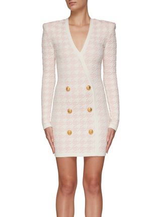 Main View - Click To Enlarge - BALMAIN - V-NECK SIX BUTTON HOUNDSTOOTH MOTIF TWEED DRESS