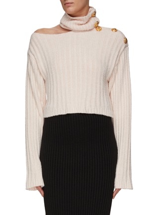 Main View - Click To Enlarge - BALMAIN - HIGH COLLAR RIBBED VELVET CROPPED SWEATER