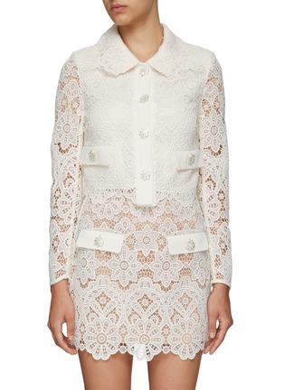 Main View - Click To Enlarge - SELF-PORTRAIT - Ivory Button Floral Guipure Cropped Jacket