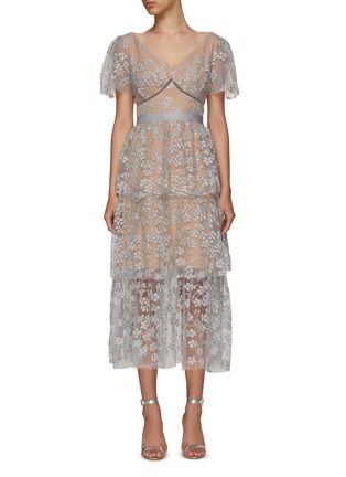 Main View - Click To Enlarge - SELF-PORTRAIT - Embroidered Blossom Tiered V-Neck Midi Dress