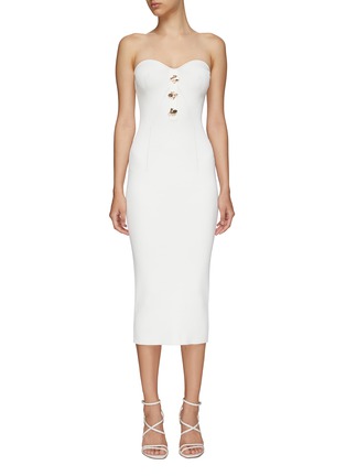 Main View - Click To Enlarge - SELF-PORTRAIT - STRAPLESS SWEETHEART NECKLINE BUTTON DETAIL RIBBED KNIT MIDI DRESS