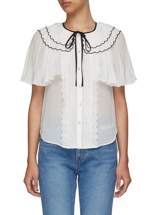 Main View - Click To Enlarge - SELF-PORTRAIT - Contrasting Scallop Trim Tied Puritan Collar Chiffon Short Sleeved Shirt