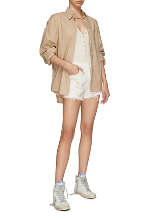 Figure View - Click To Enlarge - MOTHER - THE TOMCAT STAR EMBROIDERED RAW HEM WHITE DENIM SHORTS