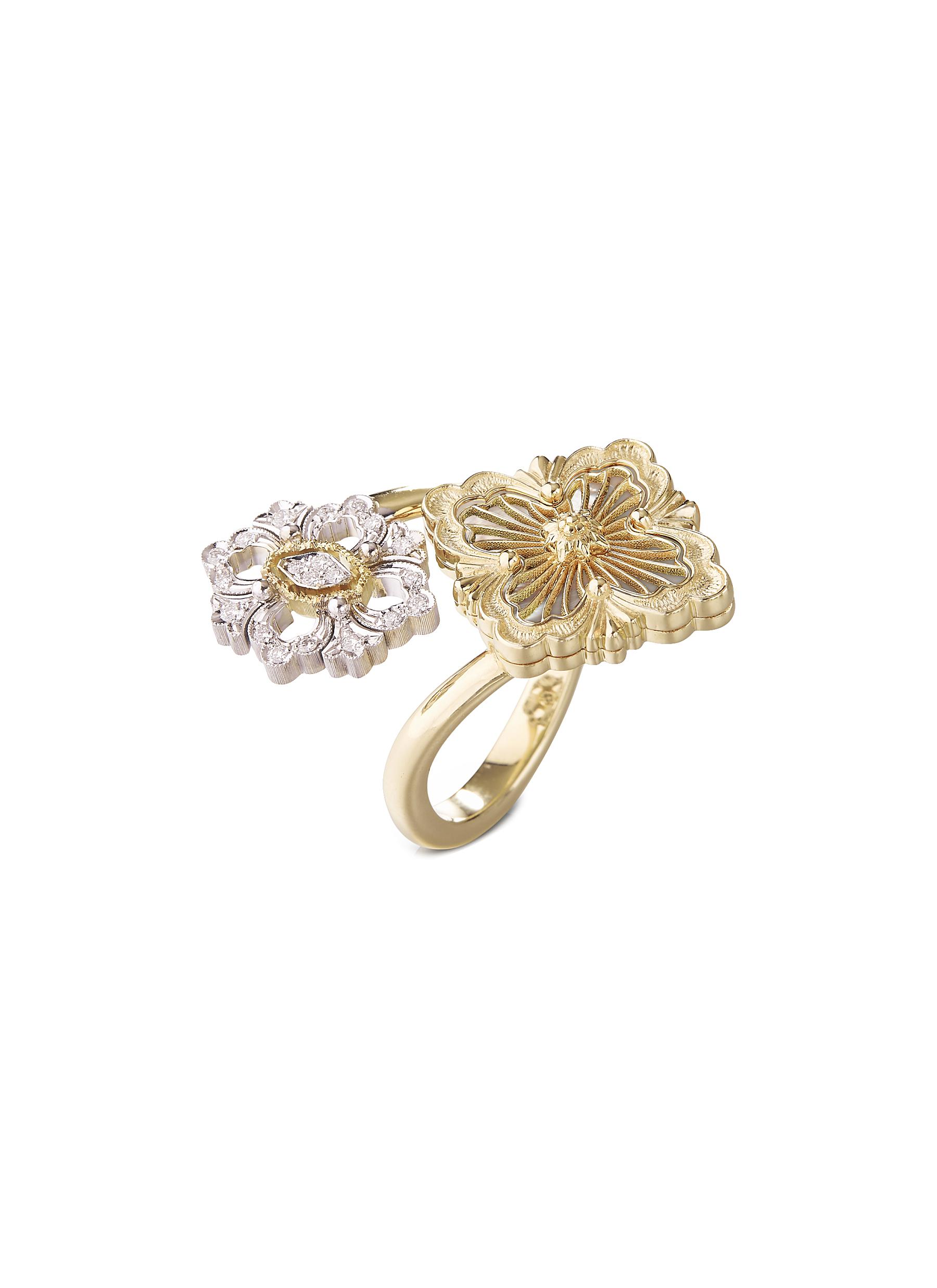 BUCCELLATI Opera Tulle' Diamond Mother Of Pearl 18K Yellow And White Gold Double Motif Ring