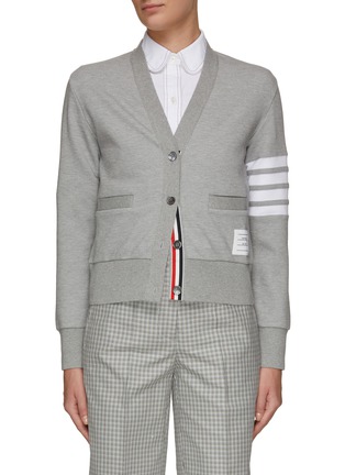 Main View - Click To Enlarge - THOM BROWNE  - Four Bar Stripe Cotton Blend Knit V-Neck Cardigan