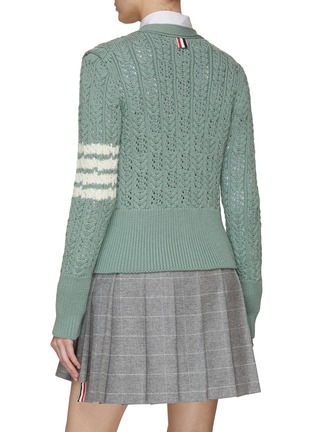 Back View - Click To Enlarge - THOM BROWNE  - FOUR-BAR IRISH POINTELLE MERINO WOOL CABLE KNIT CARDIGAN