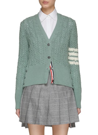 Main View - Click To Enlarge - THOM BROWNE  - FOUR-BAR IRISH POINTELLE MERINO WOOL CABLE KNIT CARDIGAN