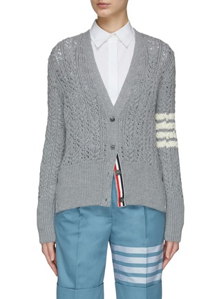 Main View - Click To Enlarge - THOM BROWNE - Four-Bar Stripe Irish Pointelle Merino Wool Cable Knit Cardigan