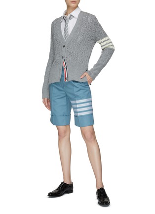 Figure View - Click To Enlarge - THOM BROWNE - Four-Bar Stripe Irish Pointelle Merino Wool Cable Knit Cardigan