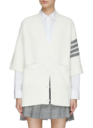 Main View - Click To Enlarge - THOM BROWNE - Four-Bar Stripe Quarter Sleeve Cotton Knit Oversized Cardigan