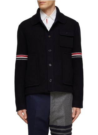 Main View - Click To Enlarge - THOM BROWNE - TRI-COLOURED ARMBANDS KNITTED WOOL WORKMAN JACKET