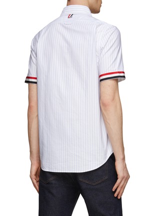 Back View - Click To Enlarge - THOM BROWNE  - TRI-COLOURED GROSGRAIN CUFF SHORT SLEEVE PINSTRIPE OXFORD SHIRT