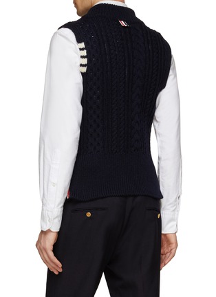 Back View - Click To Enlarge - THOM BROWNE - Four Bar Stripe Donegal Cable Knit V-Neck Vest