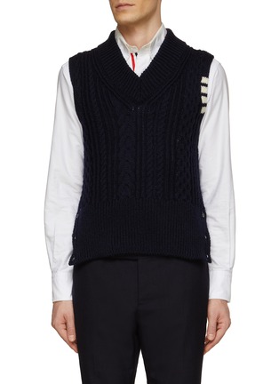 Main View - Click To Enlarge - THOM BROWNE - Four Bar Stripe Donegal Cable Knit V-Neck Vest