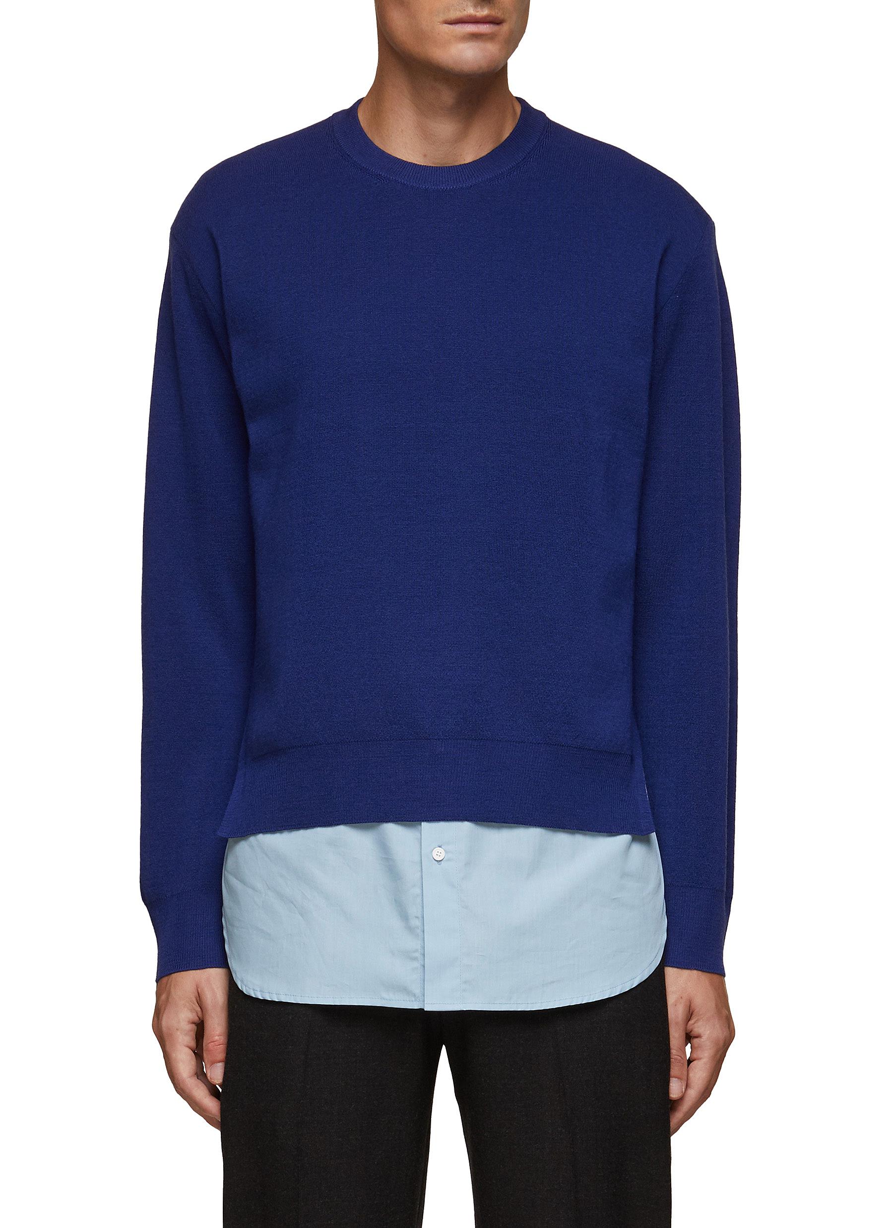 Solid Homme Layered Shirt Crewneck Sweater Top In Blue