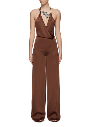 Main View - Click To Enlarge - DAVID KOMA - CRYSTAL EMBELLISHED CROCODILE PATCH OPEN BACK JUMPSUIT