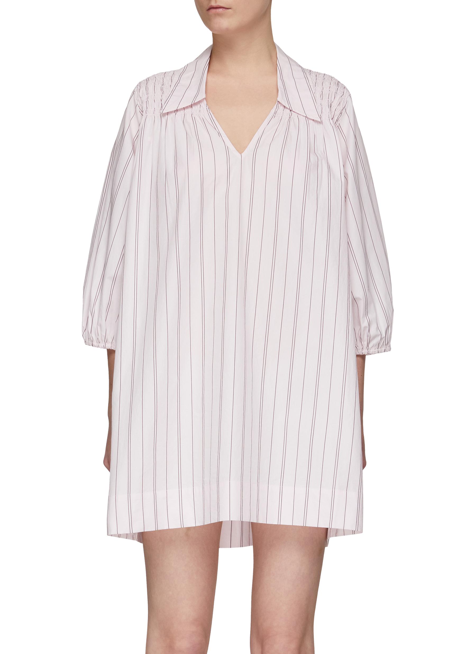 Ganni Female Stripe Motif V-Neck Cuffed Puff Sleeve Mini Dress - Ganni - Purple