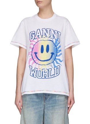 Main View - Click To Enlarge - GANNI - SMILEY GRAPHIC SLOGAN PRINT COTTON JERSEY T-SHIRT