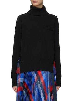 Main View - Click To Enlarge - SACAI - Pleated Plaid Back Panel Wool Knit Turtleneck Pullover