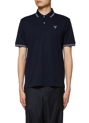 Main View - Click To Enlarge - PRADA - Logo Striped Trim Cotton Polo Shirt
