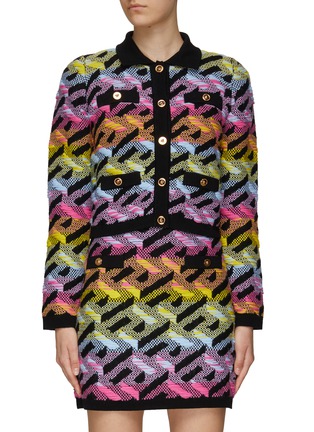 Main View - Click To Enlarge - VERSACE - Four Pocket Monogram Rainbow Knit Button Up Cardigan