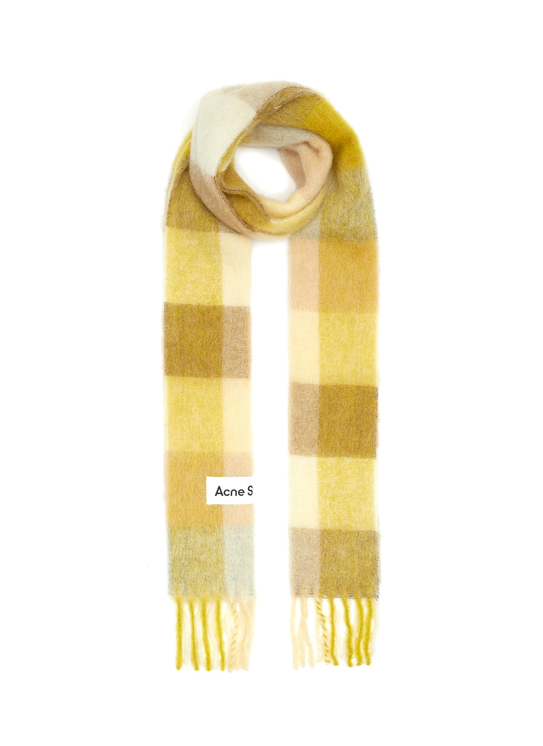 Acne Studios 'vally' Fringed Chequered Wool Blend Scarf In Yellow