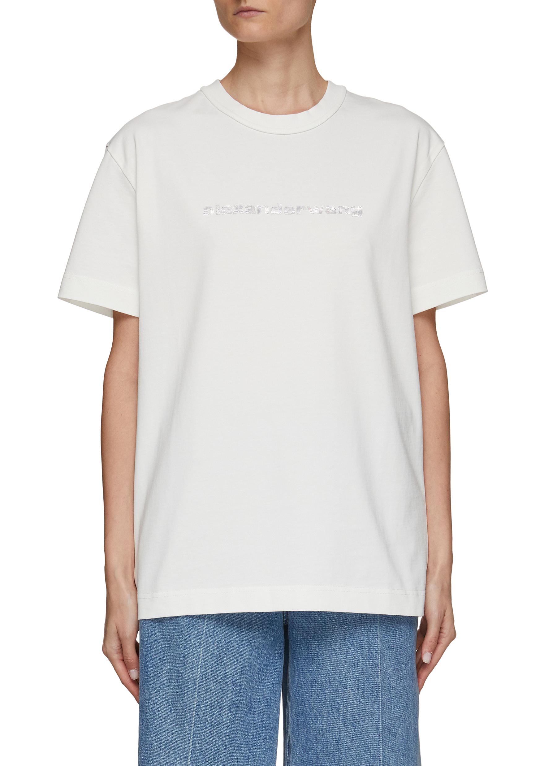 ALEXANDER WANG Hotfix Crystal Logo Back Lip Print Cotton Crewneck T-Shirt