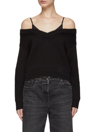Main View - Click To Enlarge - T BY ALEXANDER WANG - Satin Camisole Ribbed Cotton Blend Knit V-Neck Off-Shoulder Top