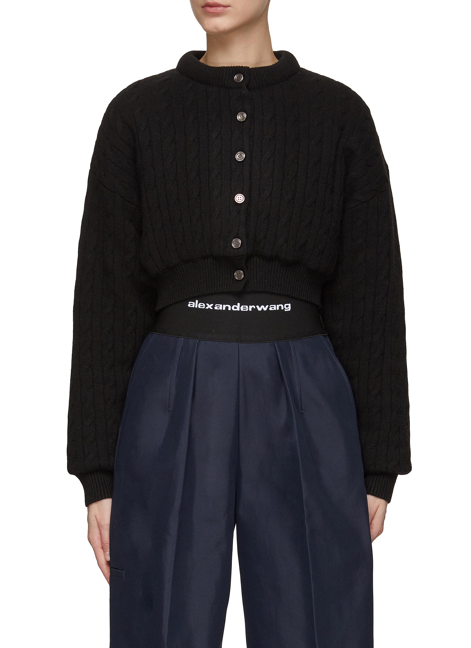 T BY ALEXANDER WANG Padded Wool Blend Cable Knit Cropped Button-Up Cardigan