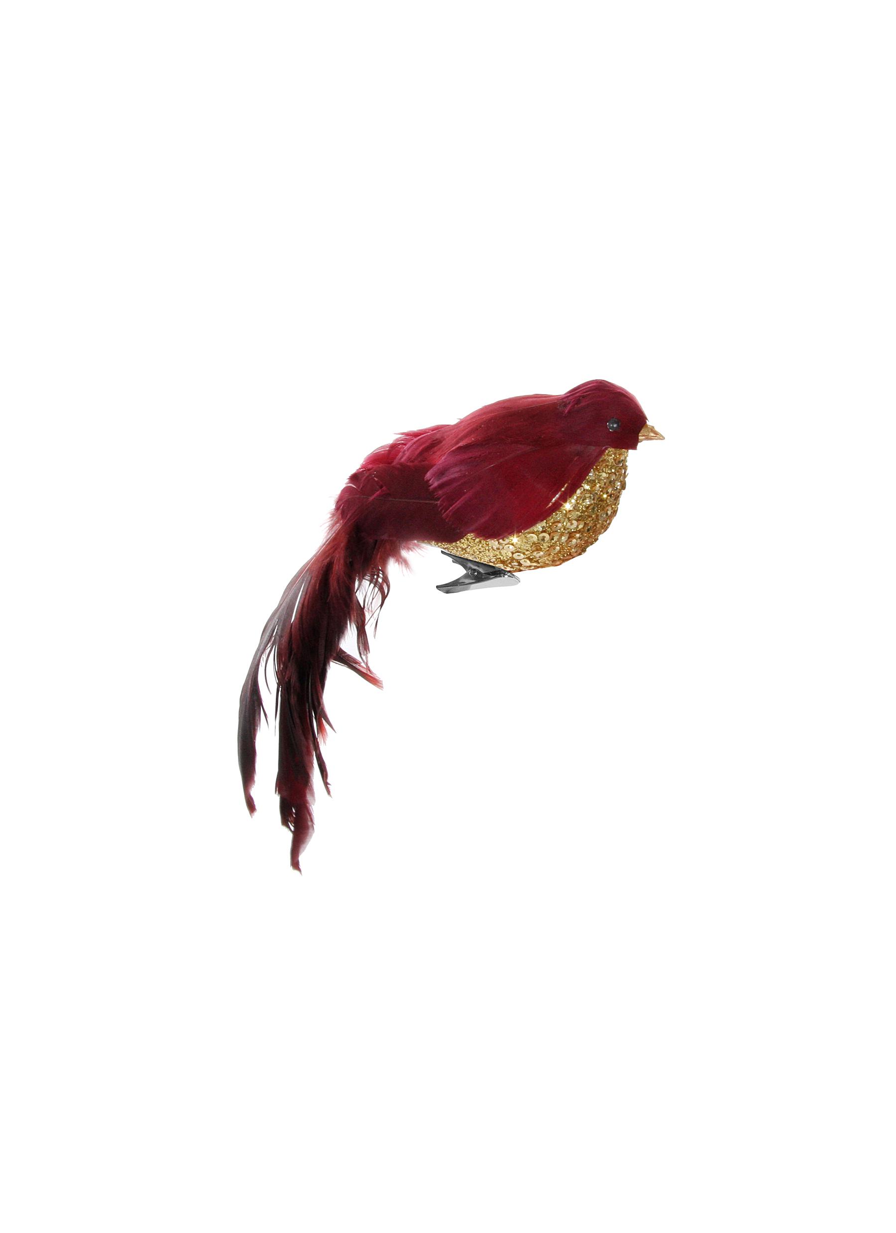 GLITTER FEATHER TAIL BIRD ORNAMENT - BURGUNDY/GOLD