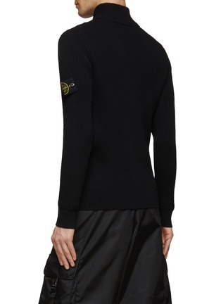 Back View - Click To Enlarge - STONE ISLAND - Logo Badge High Neck Ribbed Wool Knit Zip-Up Jacket