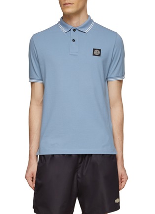 Main View - Click To Enlarge - STONE ISLAND - Contrasting Trim Logo Patch Cotton Blend Polo Shirt