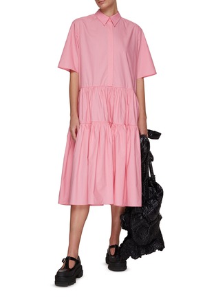 Figure View - Click To Enlarge - CECILIE BAHNSEN - Tiered Skirt Short-Sleeved Cotton Shirt Dress