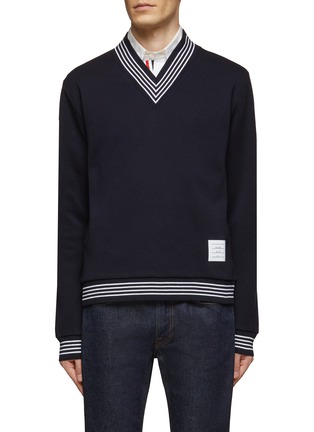 Main View - Click To Enlarge - THOM BROWNE  - V NECK STRIPED COLLAR WOOL PULLOVER