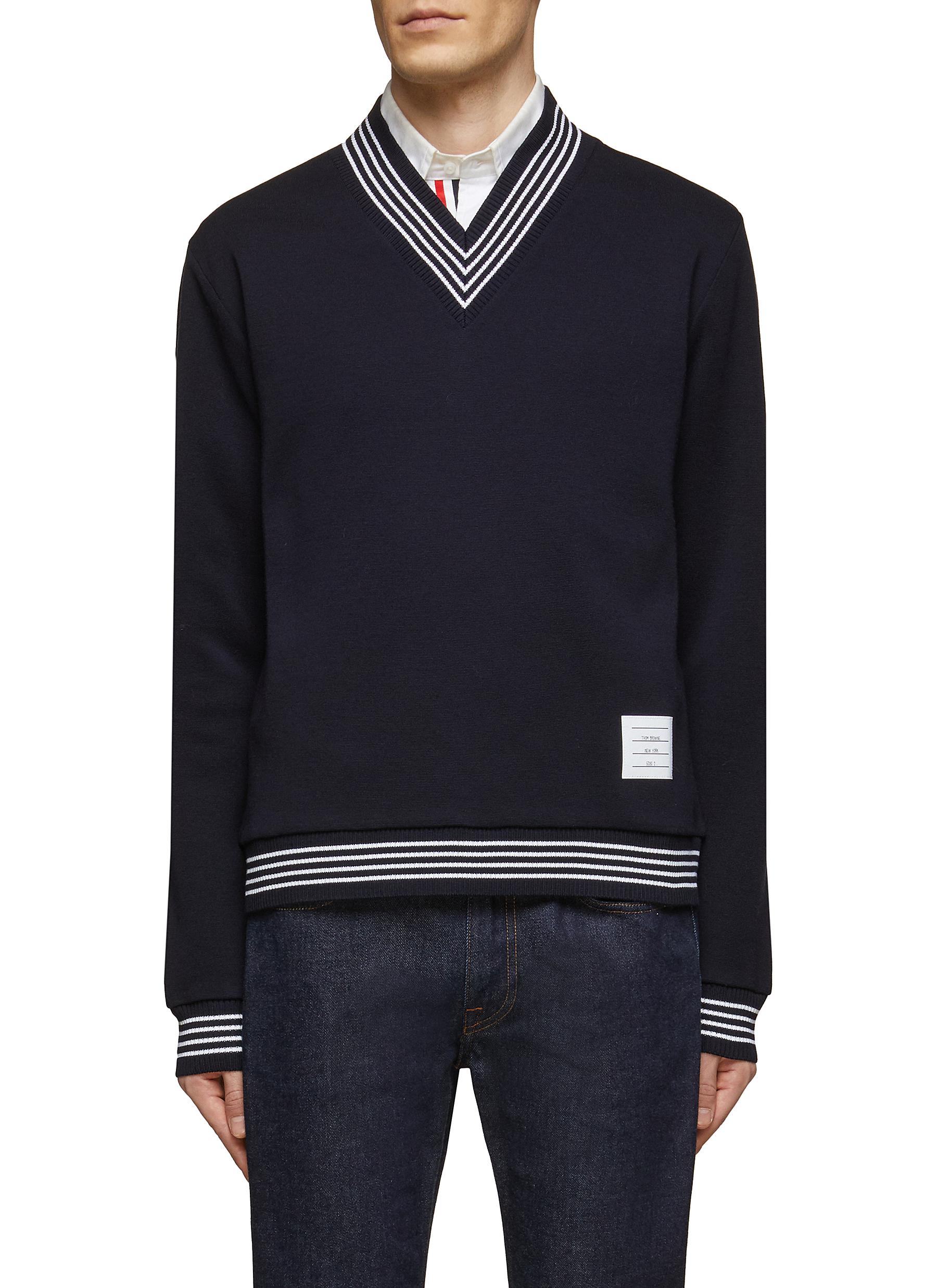 V NECK STRIPED COLLAR WOOL PULLOVER 