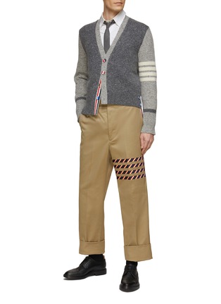 Figure View - Click To Enlarge - THOM BROWNE  - STRAIGHT FIT SILK 4 BAR COTTON TWILL PANTS