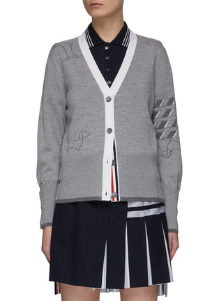 Main View - Click To Enlarge - THOM BROWNE - CLASSIC V-NECK REP STRIPE 4 BAR HECTOR INTARSIA 12GG FINE MERINO WOOL CARDIGAN