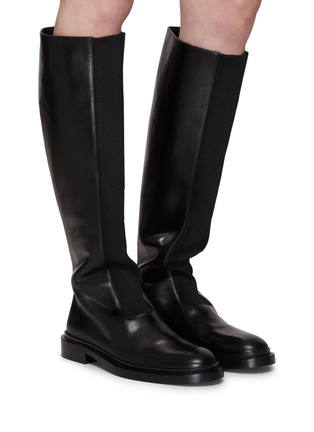 Figure View - Click To Enlarge - JIL SANDER - FLAT KNIT DETAIL TALL LEATHER BOOTS