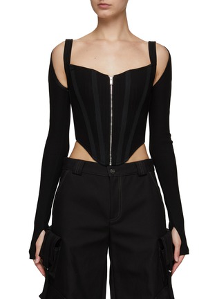 Main View - Click To Enlarge - DION LEE - Ribbed Cotton Blend Contrast Boning Long Sleeve Corset Top