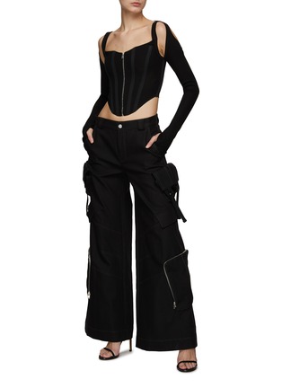 Figure View - Click To Enlarge - DION LEE - Ribbed Cotton Blend Contrast Boning Long Sleeve Corset Top