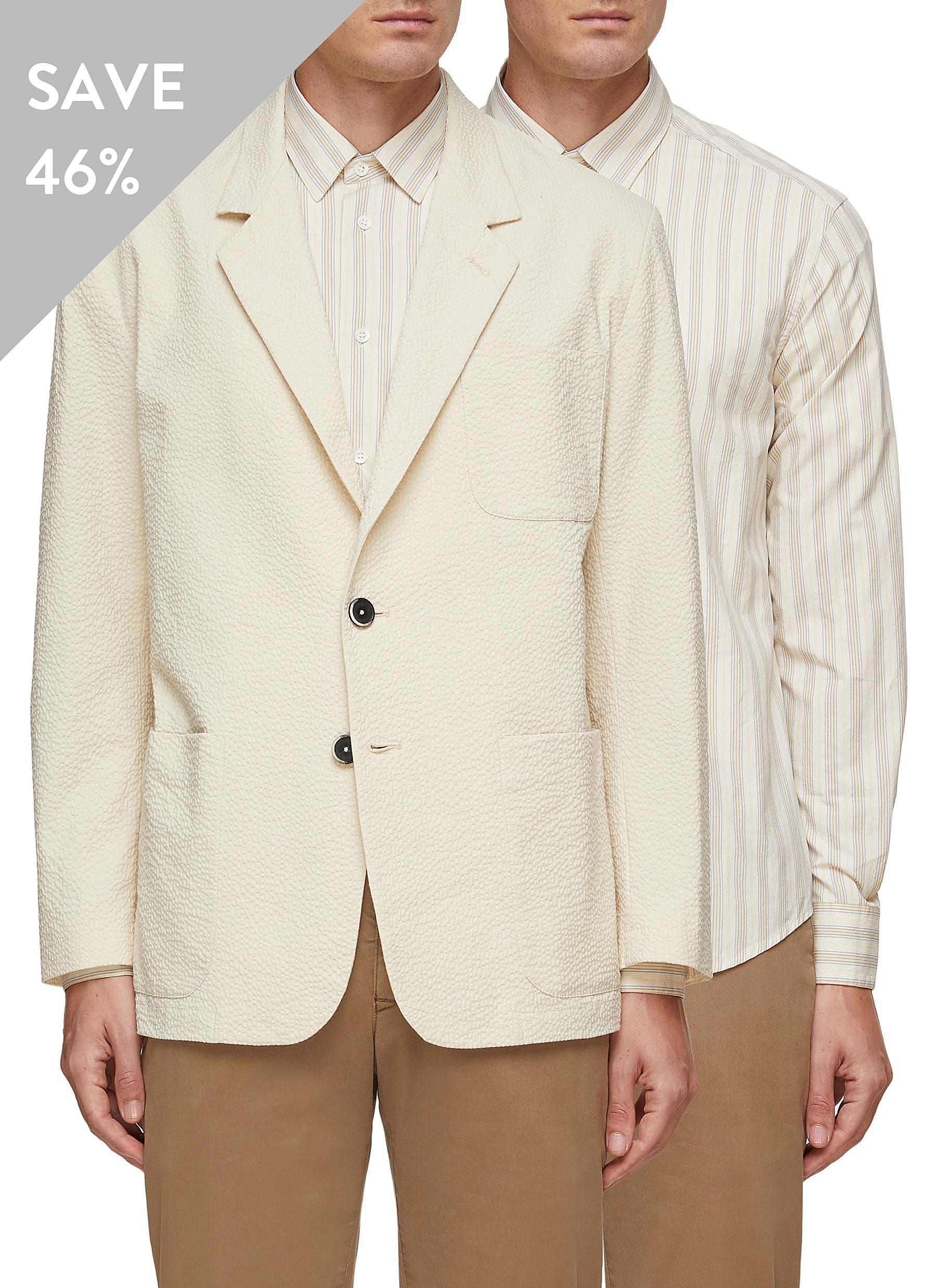 striped shirt and blazer