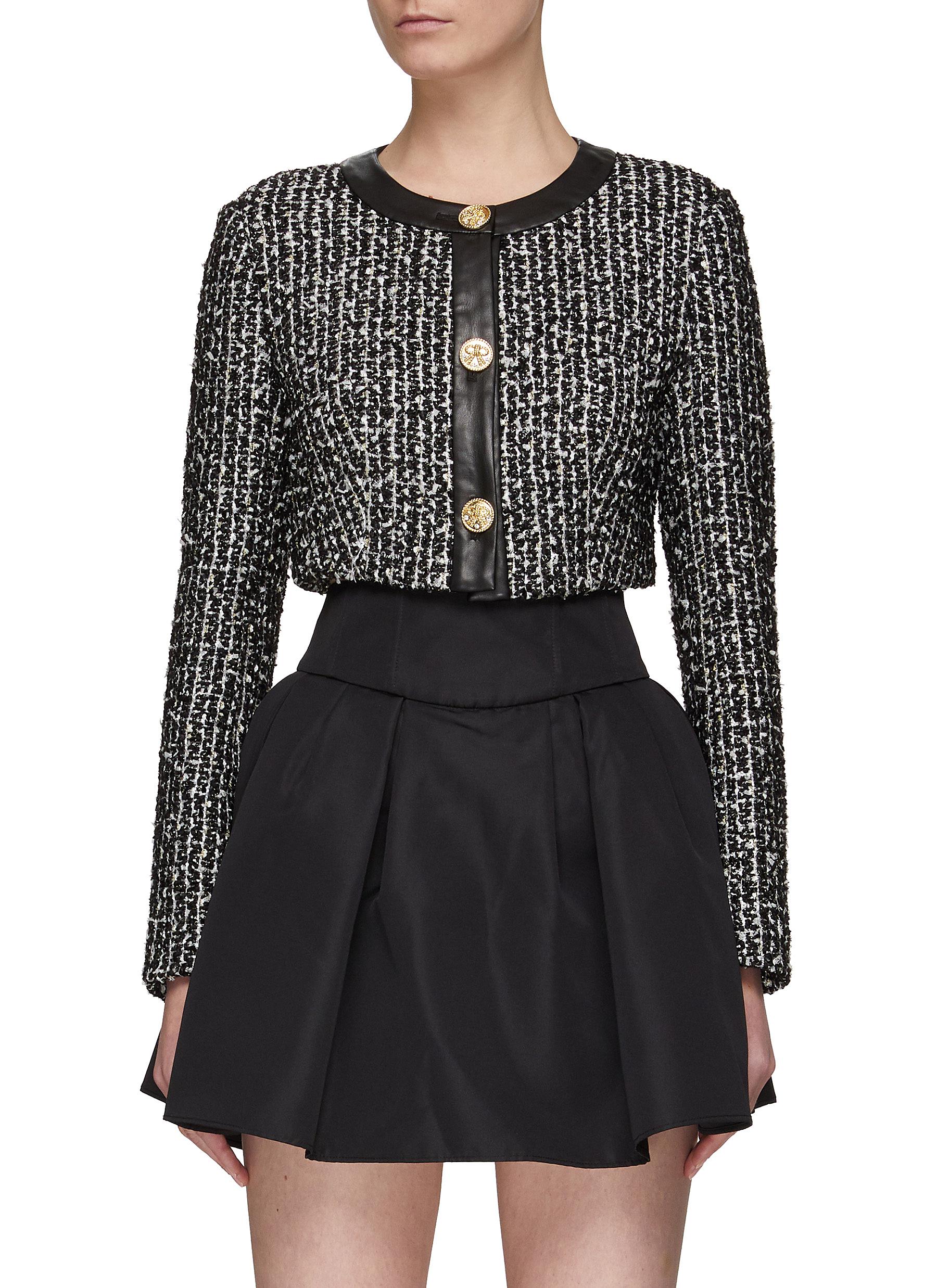 MING MA CROPPED FAUX LEATHER TRIM TWEED JACKET